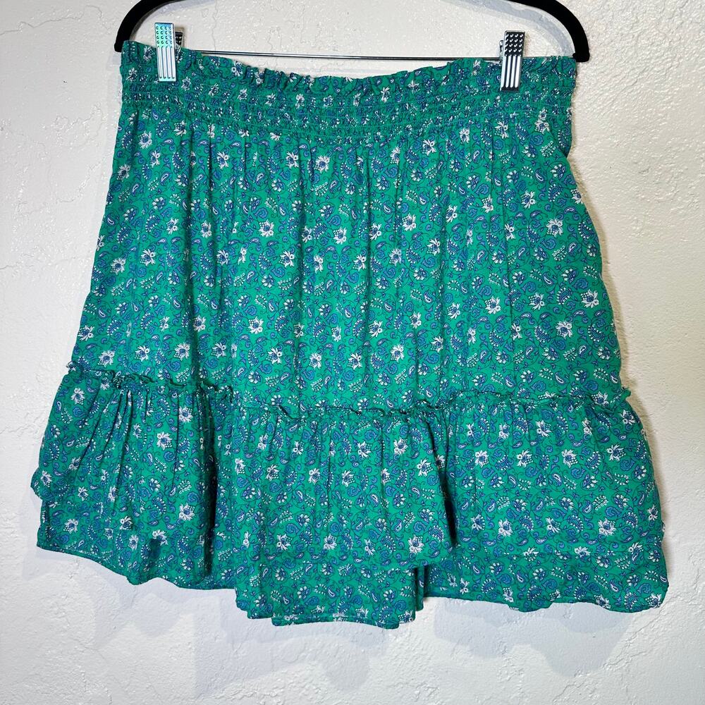 J. Crew Large Tiered Mini Skirt 100% Cotton Green Blue Paisley Floral Lined